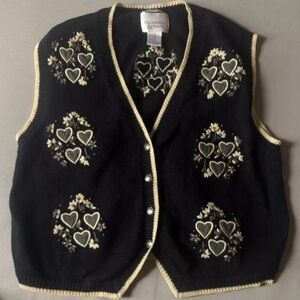 Vtg Christopher & Banks Womens M Knit Sweater Vest Navy Yellow Hearts Flowers